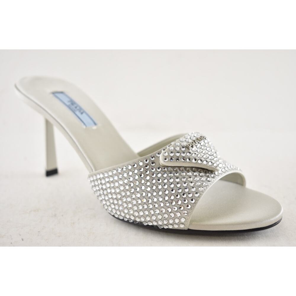 Prada Crystal Satin Stiletto Perla White Grey Backless Sandal Mule Heel Pump 36 - Picture 6 of 16